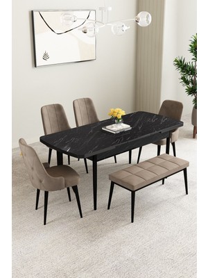 Mabel Siyah Mermer Desen 80X132 Mdf Açılabilir Mutfak Masası Takımı 4 Sandalye 1 Bench