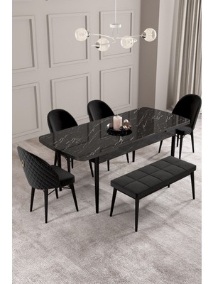 Calvin Siyah Mermer Desen 80X132 Mdf Açılabilir Mutfak Masası Takımı 4 Sandalye, 1 Bench