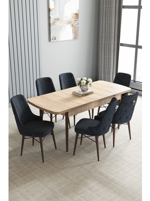 Jusie Meşe Desen 80X132 Açılabilir Mutfak Masası Takımı 6 Adet Sandalye