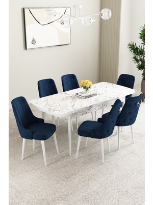 Mabel Beyaz Mermer Desen 80X132 Açılabilir Yemek Odası Takımı 6 Adet Sandalye