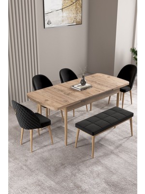 Milas Atlantik Çam 80X132 Mdf Açılabilir Mutfak Masası Takımı 4 Sandalye, 1 Bench