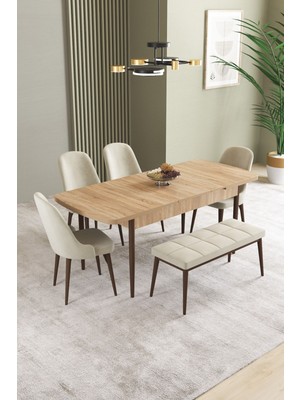 Ikon Meşe Desen 80X132 Mdf Açılabilir Yemek Masası Takımı 4 Sandalye, 1 Bench