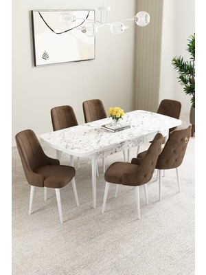 Mabel Beyaz Mermer Desen 80X132 Açılabilir Yemek Odası Takımı 6 Adet Sandalye
