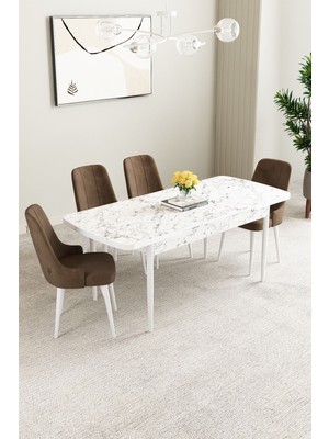 Clara Beyaz Mermer Desen 80X132 Açılabilir Yemek Odası Takımı 4 Adet Sandalye