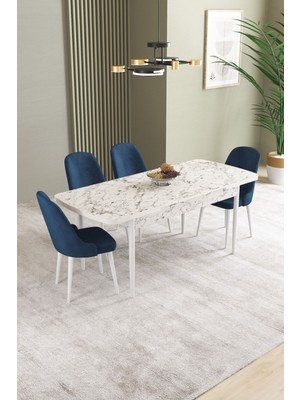 Ikon Beyaz Mermer Desen 80X132 Mdf Açılabilir Yemek Masası Takımı 4 Adet Sandalye