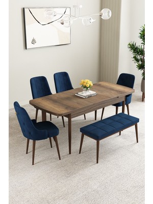Mabel Barok Desen 80X132 Mdf Açılabilir Mutfak Masası Takımı 4 Sandalye 1 Bench