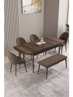 Milas Barok Desen 80X132 Mdf Açılabilir Yemek Masası Takımı 4 Sandalye, 1 Bench