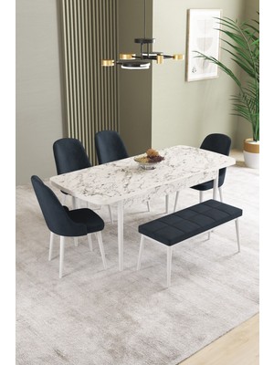 Ikon Beyaz Mermer Desen 80X132 Mdf Açılabilir Mutfak Masası Takımı 4 Sandalye, 1 Bench