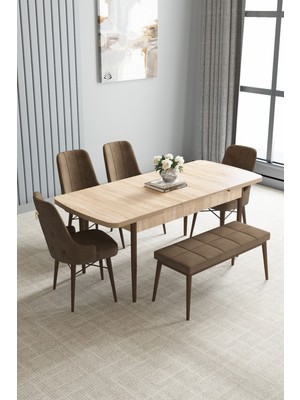 Jusie Meşe Desen 80X132 Açılabilir Yemek Odası Takımı 4 Sandalye, 1 Bench