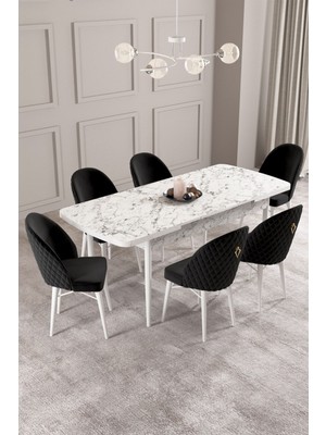 Calvin Beyaz Mermer Desen 80X132 Mdf Açılabilir Mutfak Masası Takımı 6 Adet Sandalye