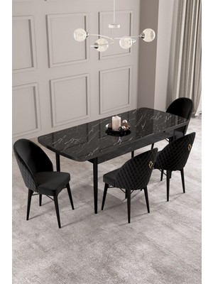 Calvin Siyah Mermer Desen 80X132 Mdf Açılabilir Mutfak Masası Takımı 4 Adet Sandalye