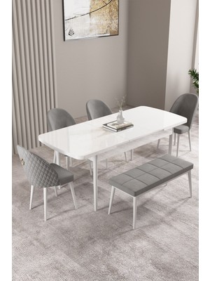 Milas Beyaz 80X132 Mdf Açılabilir Mutfak Masası Takımı 4 Sandalye, 1 Bench