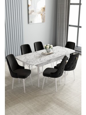 Jusie Beyaz Mermer Desen 80X132 Açılabilir Yemek Odası Takımı 6 Adet Sandalye