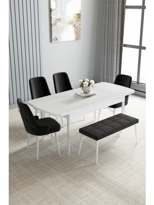 Jusie Beyaz 80X132 Açılabilir Yemek Odası Takımı 4 Sandalye, 1 Bench