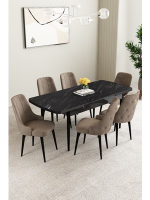 Mabel Siyah Mermer Desen 80X132 Mdf Açılabilir Mutfak Masası Takımı 6 Adet Sandalye