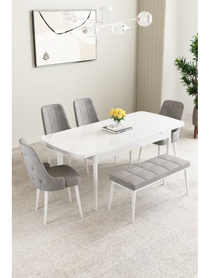 Mabel Beyaz 80X132 Açılabilir Yemek Odası Takımı 4 Sandalye, 1 Bench