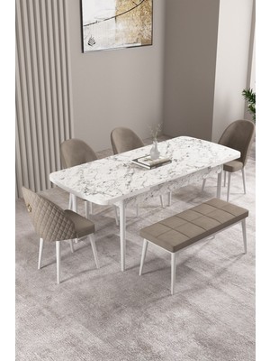 Milas Beyaz Mermer Desen 80X132 Mdf Açılabilir Mutfak Masası Takımı 4 Sandalye, 1 Bench