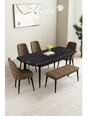 Mabel Siyah Mermer Desen 80X132 Açılabilir Yemek Odası Takımı 4 Sandalye, 1 Bench