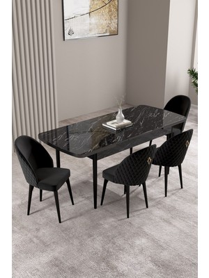 Milas Siyah Mermer Desen 80X132 Mdf Açılabilir Yemek Masası Takımı 4 Adet Sandalye