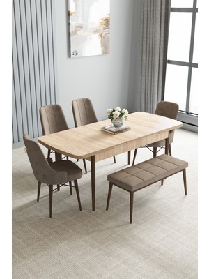 Jusie Meşe Desen 80X132 Açılabilir Mutfak Masası Takımı 4 Sandalye, 1 Bench