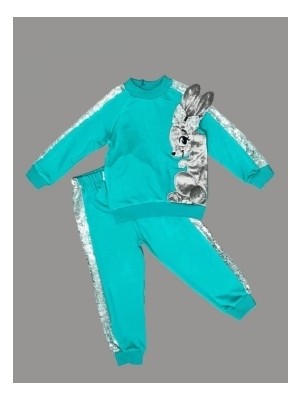 1-2-3 Yaş Payetli Pelüş Tavşan Desenli Likra Penye Kumaş Sweat Pantolonlu Kız 2li Çocuk Takımı