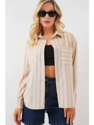 Passense 20143 Cepli Oversize Gömlek - Krem
