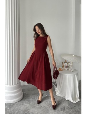 La Mode Istanbul Bordo Yanları Büzgülü Midi Boy Keten Elbise