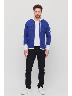 Erkek Slim Fit Dar Kalıp Kapüşonlu Detaylı Kot Gömlek