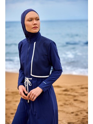 Lacivert Tam Kapalı Tesettür Mayo - Tül Detaylı Ayarlanabilir Tunik M2506-2
