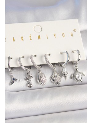 Pirinç Gümüş Renk Zirkon Taşlı Deniz Kabuğu Model Kaplumbağa Detay Kadın Küpe Kombin