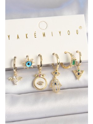 Pirinç Gold Renk Zirkon Taşlı Fatma Ana El Figür Nazar Boncuk Detay 6'lı Kadın Kombin Küpe