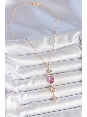 Pirinç Zincir Gold Renk Pembe Zirkon Taşlı Y Kolye