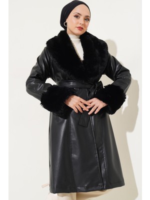 Yaka Kürklü Kemerli Suni Deri Mont
