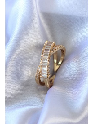 Gold Renk Zirkon Taşlı Pirinç Kadın Yüzük