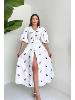 Gökyüzü Moda Kırmızı Yakası Çiçek Motifli Kemerli Elbise