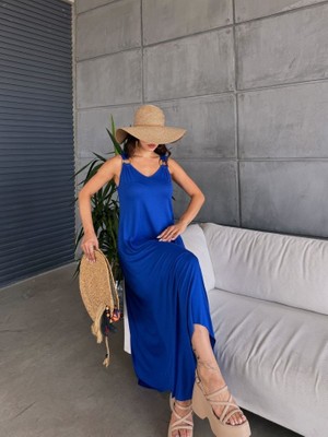 Gökyüzü Moda Kadın Çan Dokuma Kumaş V Yaka Asimetrik Kesim Elbise