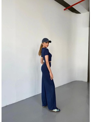 Passense Osy Modal Yumuşak Dokulu Kumaş Kısa Kollu Crop Rahat Pantalon Ikili Takım - Lacivert