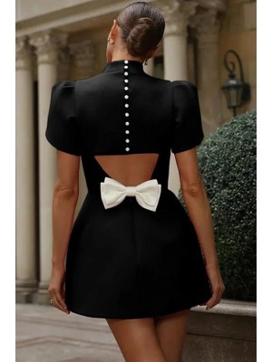 Alinn Butikk Kadın Kısa Kollu Balıkçı Yaka Arkadan Kelebek Dekolte Detaylı Kısa Atlas Elbise