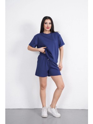 Passense Osy Modal Yumuşak Dokulu Kumaş Bisiklet Yaka T-Shirt Kısa Şort Ikili Takım - Mavi