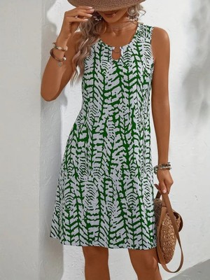 Ag Shoppings Kadın Sıfır Kol Yakadan Halka Detaylı Desenli Kısa Bürümcük Elbise