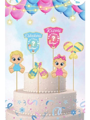 6 Adet, Cinsiyet Temalı Doğum Günü Pasta Süsü Cinsiyet Baby Pasta Süsü