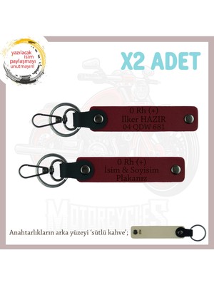 Hız Aşıklarına Hediye, Isim Plaka ve 0 Rh (+) Kan Grubu, Kişisel Acil Durum X2 Anahtarlık, Bordo-Sk