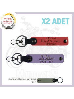Motosiklet Maceracılarına, Isim Plaka ve 0 Rh (+) Yazılı X2' Li Deri Anahtarlık, Nar Çiçeği-Mor-Gr