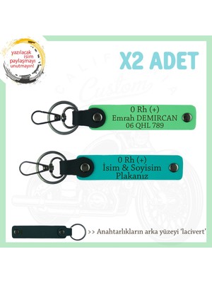 Motosiklet Maceracılarına, Isim Plaka ve 0 + Kan Grubu Yazılı X2 Anahtarlık, K Turkuaz-F Yeşil-Laci