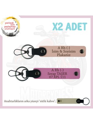 Bikerlar Için Özel, Isim Plaka ve A Rh (-) Yazılı Değerli Hediye X2 Anahtarlık, Yavruağzı-Pembe-Sk