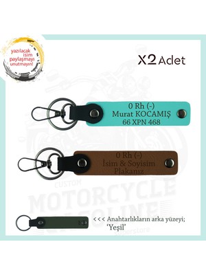 Motorcuya Armağan, Isim Plaka ve 0 Rh (-) Yazılı Kişiselleştirilen X2 Anahtarlık, Kahve-Turkuaz-Ysl