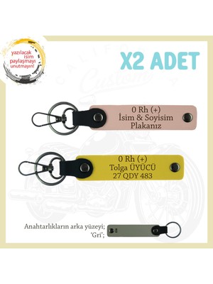 Kuryeye Isim Plaka ve 0 Rh (+) Kan Grubu, Kişiselleştirilebilir X2 Anahtarlık Set, Yavruağzı-Sarı-Gr