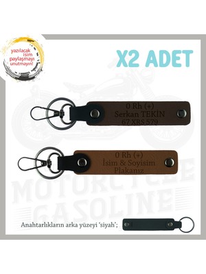Motor Severlere, Isim Plaka ve 0 + Kan Grubu Yazılı Anlamlı Hediye X2 Anahtarlık, Kahve-K Kahve-Syh