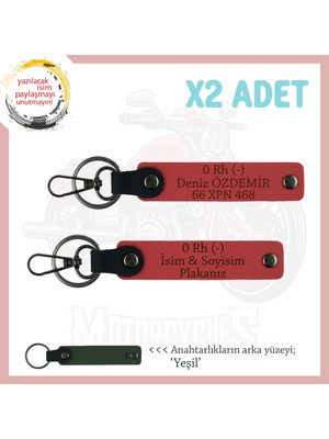 Motor Severlere Hediye Isim Plaka ve 0 Rh (-) Kan Grubu Yazılı Deri 2'li Anahtarlık, Nar Çiçeği-Ysl