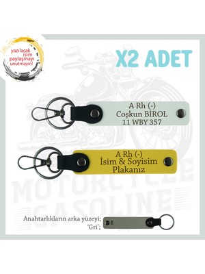 Yolların Sürücülerine, Isim Plaka ve A Rh (-) Yazılı Kişiselleştirilmiş X2 Anahtarlık, Sarı-Beyaz-Gr